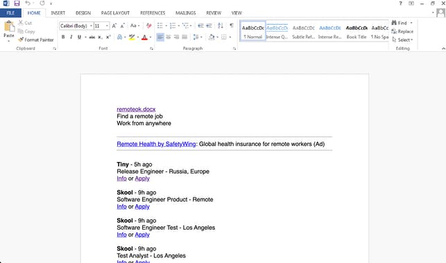Remote Jobs in MS Word