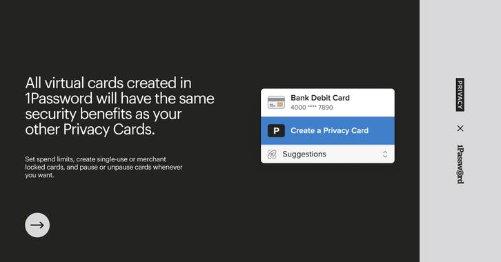 Virtual payment cards in 1Password