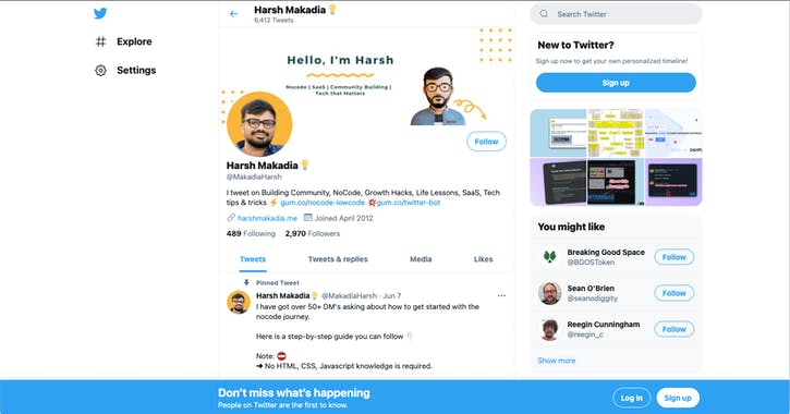 Twitter Profile Screenshot with Nocode